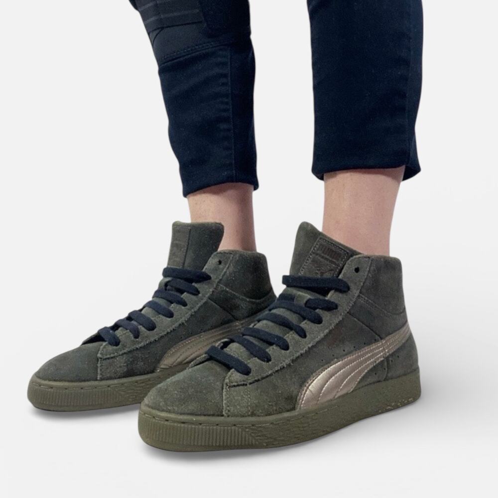 Puma Olive Military Green Suede Mid Metallic Retro High Top Sneakers Sz 8